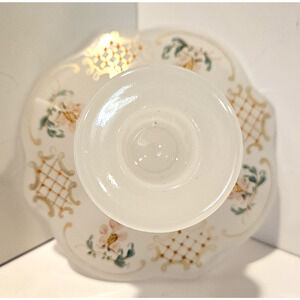 Vintage Frosted Glass Candlestick Holder Resting Dish Painted Flowers Scallop